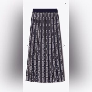 Tory Burch Pleated Knit Jacquard Midi Skirt Navy Link Print Size M